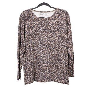 Leopard Print Y2K Shirt PL Petites Womens Brown Blue Long Sleeve Cotton 90s Top